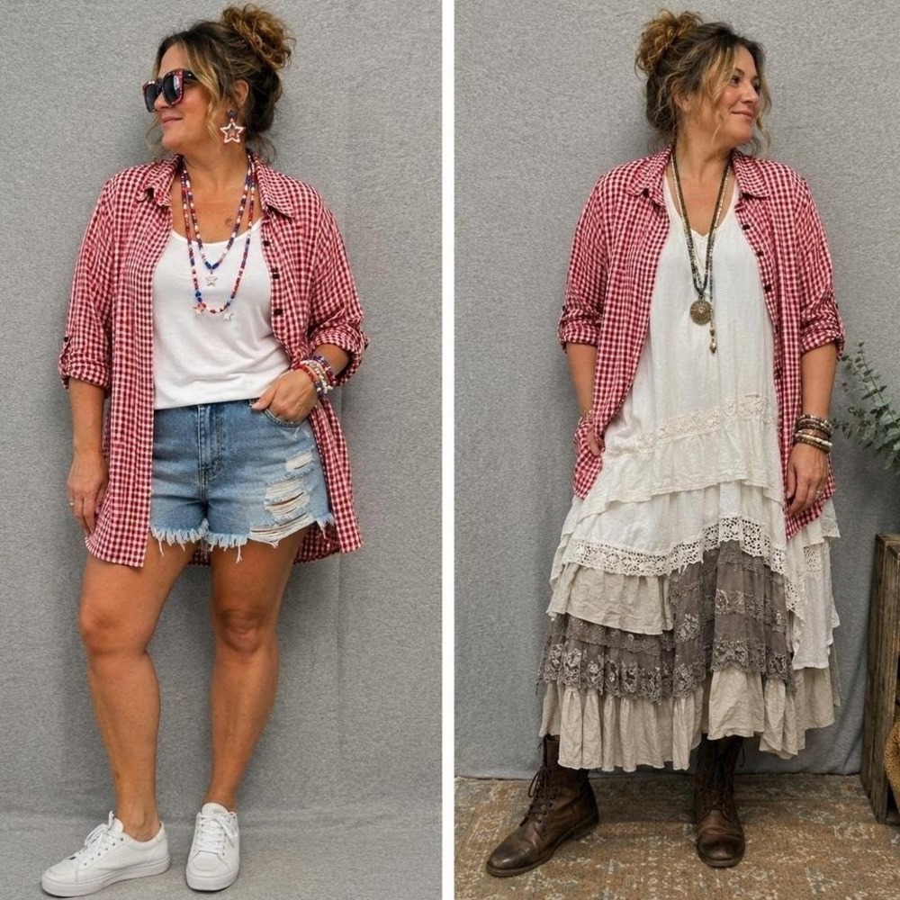 Yushi Red White Gingham Tunic Shirt Oversized Boho Lagenlook Top EST XL Patriot